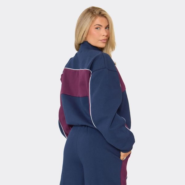 EGO Contrast Detail Zip Up Sweatshirt In Navy Blue, Women's Size UK 6 - 2