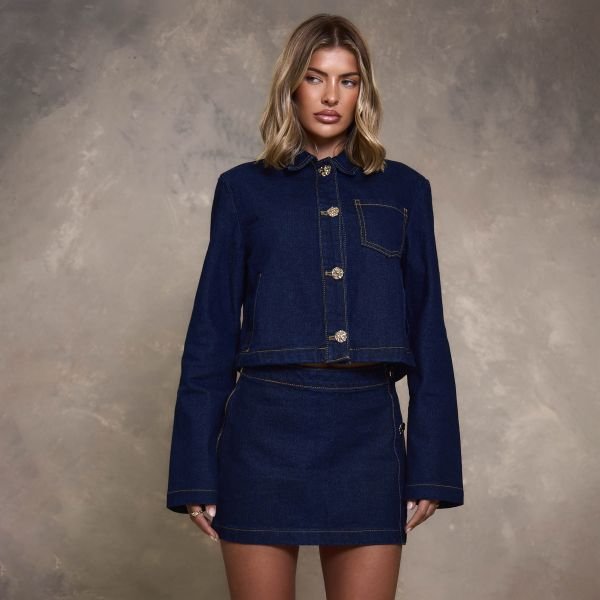 EGO Long Sleeve Button Detail Jacket In Indigo Blue Denim, Women's Size UK 6 - 2