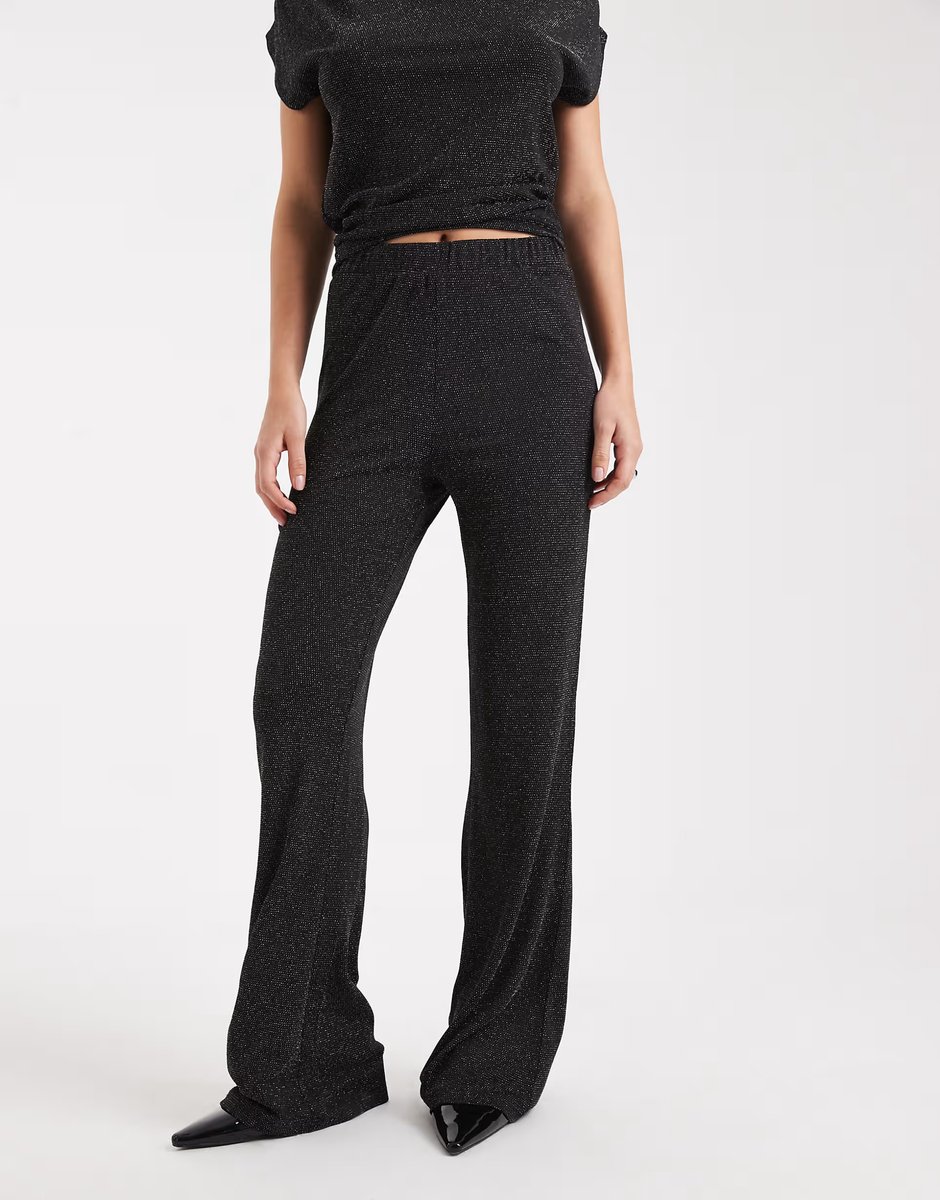 ASOS Vero Moda glitter wide leg trouser top co-ord in black and silver - 3