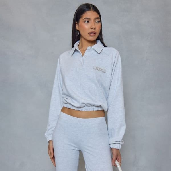 EGO Polo Graphic Detail Oversized Sweatshirt In Grey Marl, Women's Size UK 6 - 1