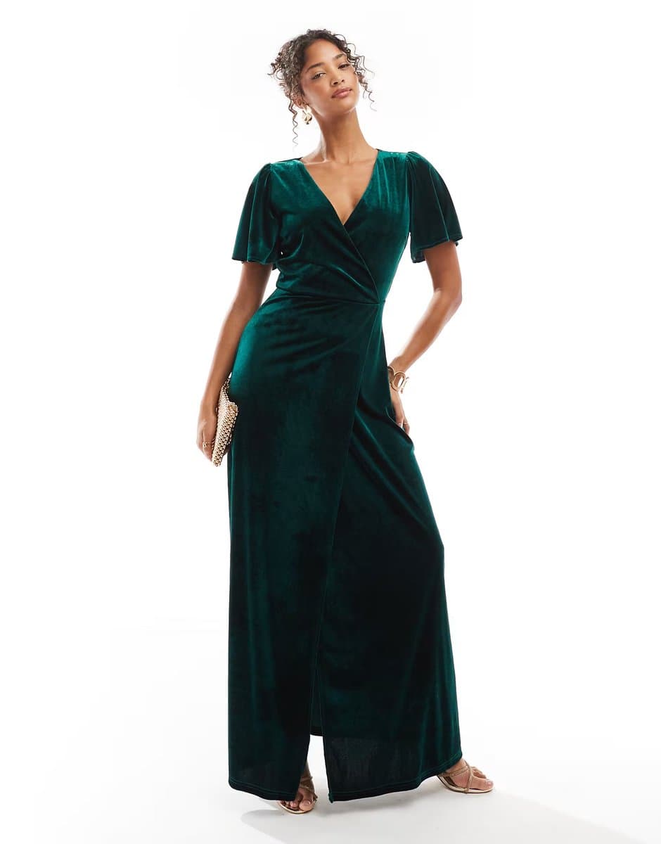 ASOS Maya Faux wrap velvet bridesmaid maxi dress in emerald green