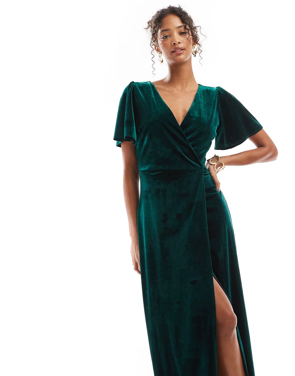 ASOS Maya Faux wrap velvet bridesmaid maxi dress in emerald green - 4