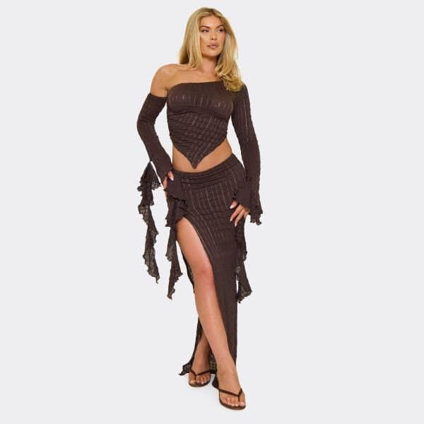 EGO Mid Rise Frill Detail Column Maxi Skirt In Chocolate Textured, Women's Size UK 6