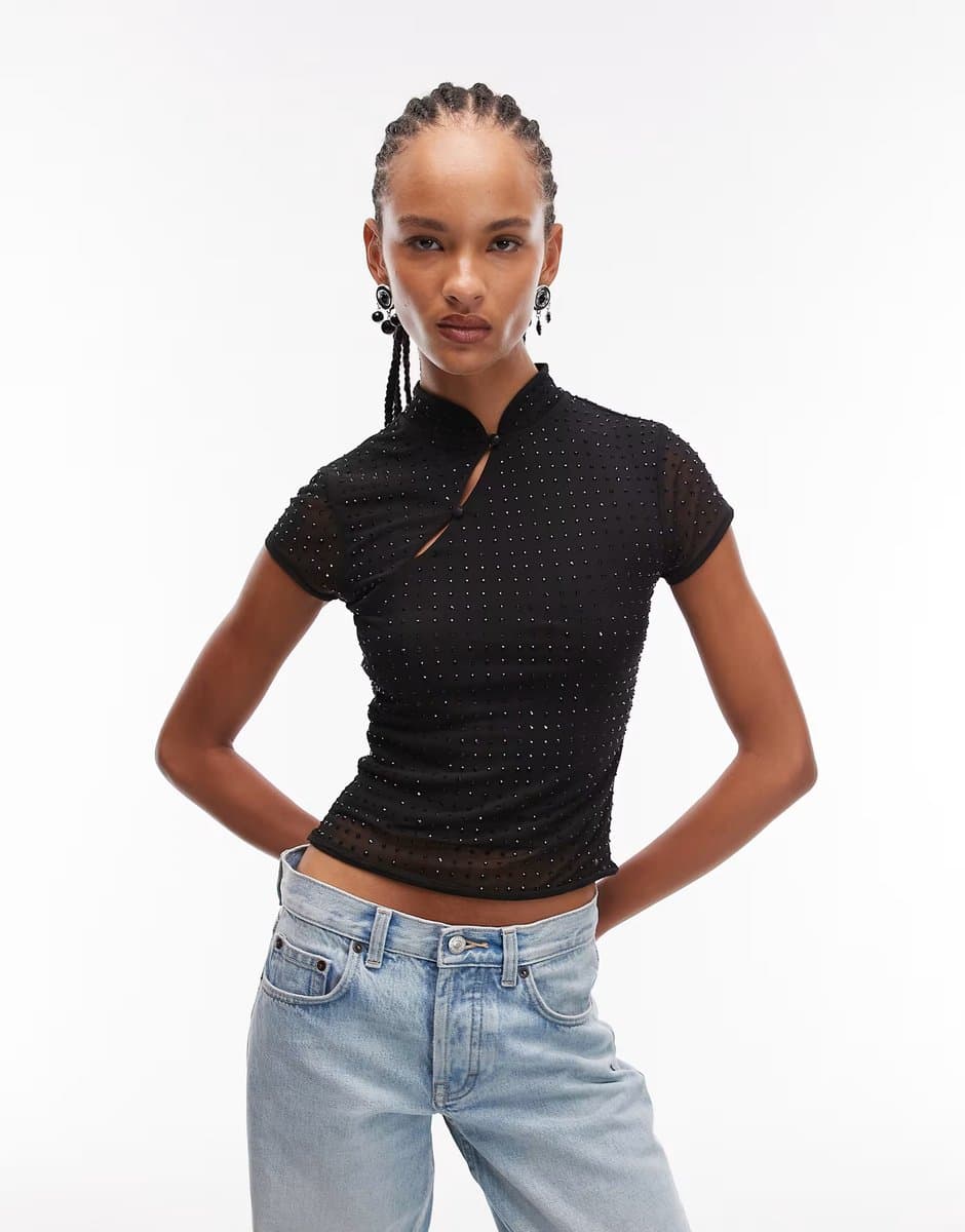 ASOS ASOS Elegant Sheer Mesh Top with Rouleau Loop Buttons in Black