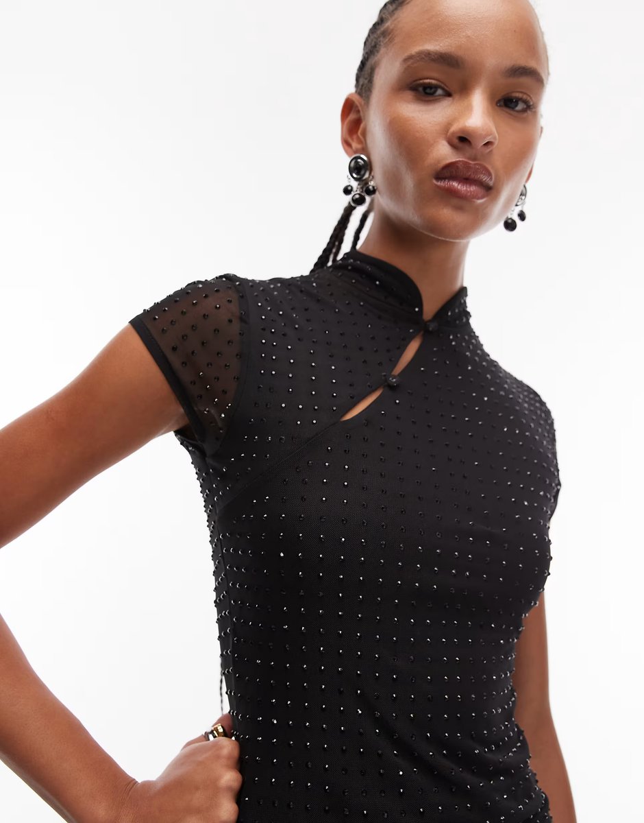 ASOS ASOS DESIGN hot fix sheer mesh top with rouleau loop button detail in black - 2