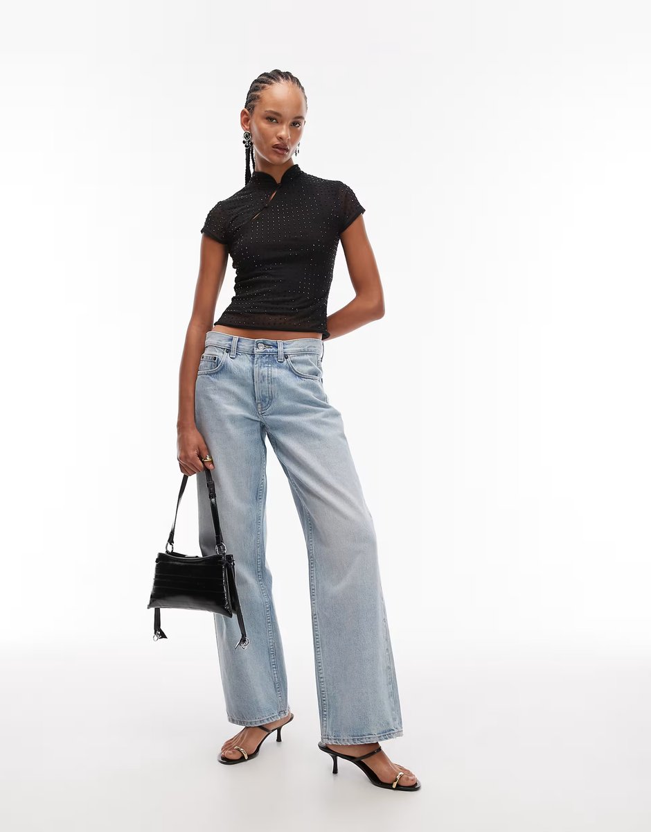 ASOS ASOS DESIGN hot fix sheer mesh top with rouleau loop button detail in black - 3