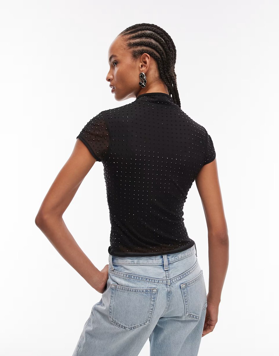 ASOS ASOS DESIGN hot fix sheer mesh top with rouleau loop button detail in black - 4