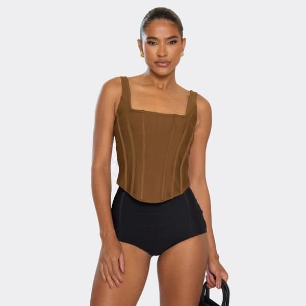 EGO Strappy Corset Top In Khaki Green Bandage, Women's Size UK 6