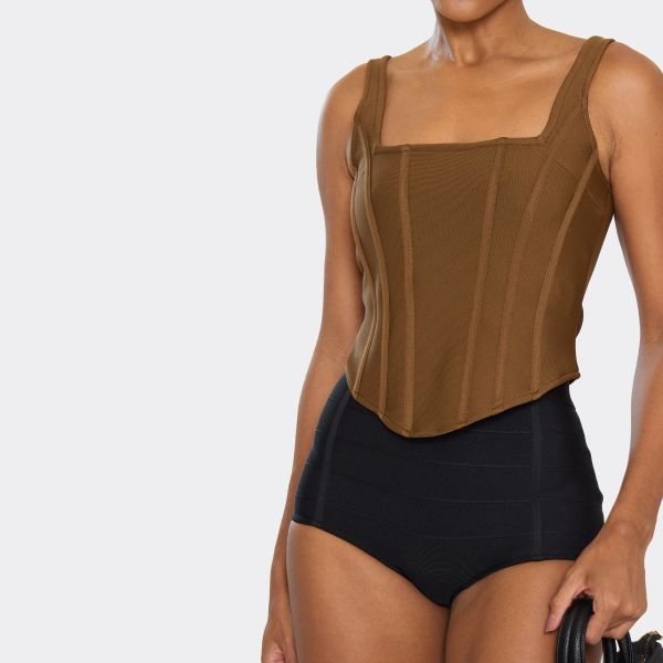 EGO Strappy Corset Top In Khaki Green Bandage, Women's Size UK 6 - 2