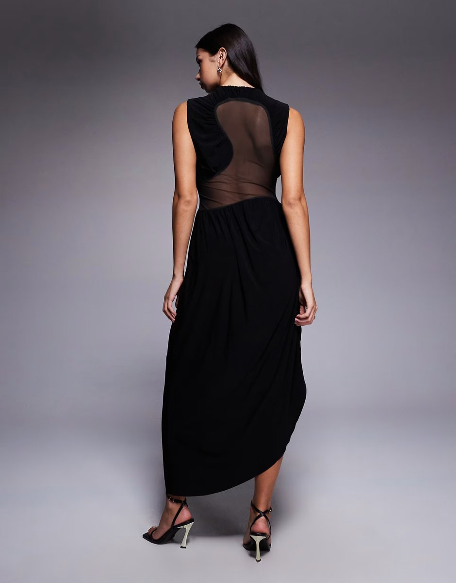 ASOS ASOS DESIGN midi dress with cowled skirt and mesh cut out detailing - 3