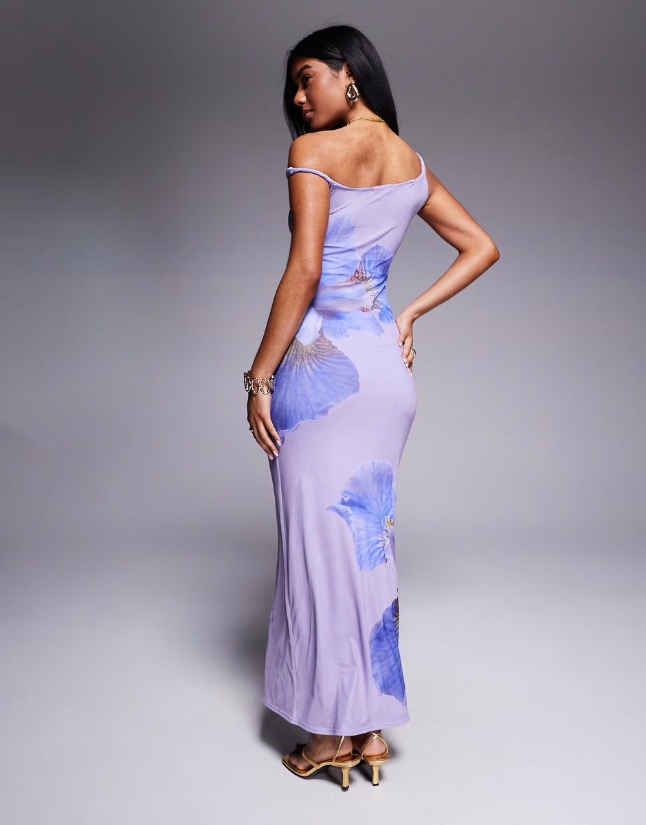ASOS Kaiia exclusive double layered slinky mesh floral twist off shoulder maxi dress in lilac - 3