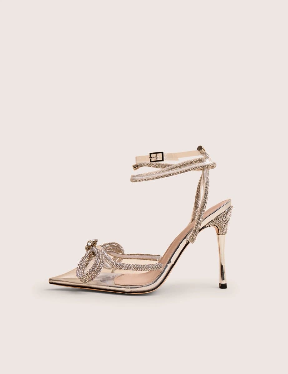 Public Desire Midnight Clear Perspex Wrap Around Diamante Bow Pointed Toe High Heels