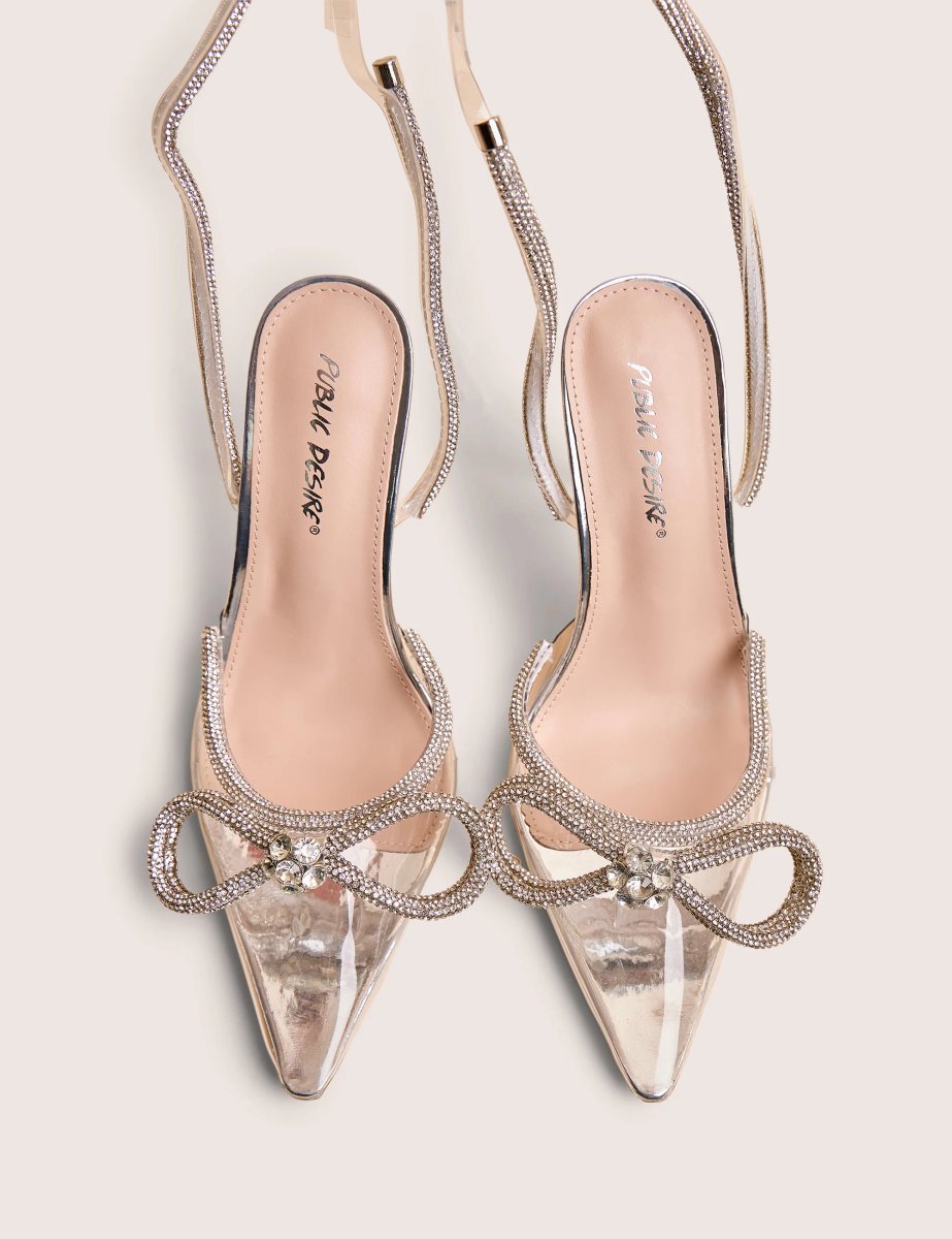 Public Desire Midnight Clear Perspex Wrap Around Diamante Bow Pointed Toe High Heels - 2