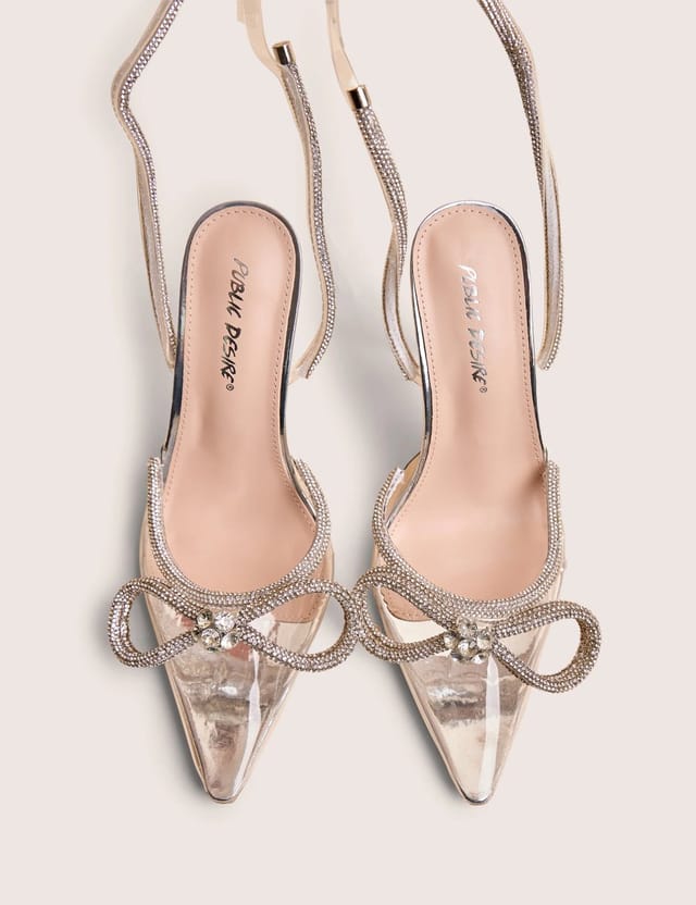 Public Desire Midnight Clear Perspex Wrap Around Diamante Bow Pointed Toe High Heels - 2