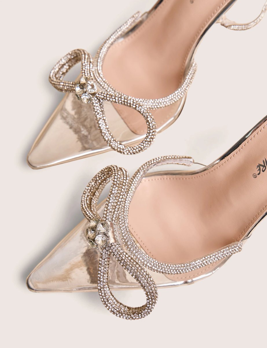 Public Desire Midnight Clear Perspex Wrap Around Diamante Bow Pointed Toe High Heels - 4