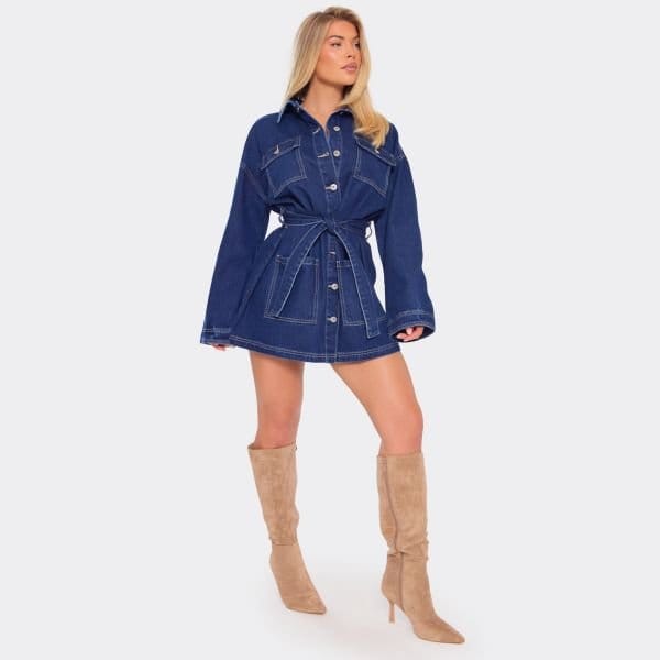 EGO Long Sleeve Tie Waist Detail Jacket Dress In Mid Blue Denim, Women's Size UK 6 - 1