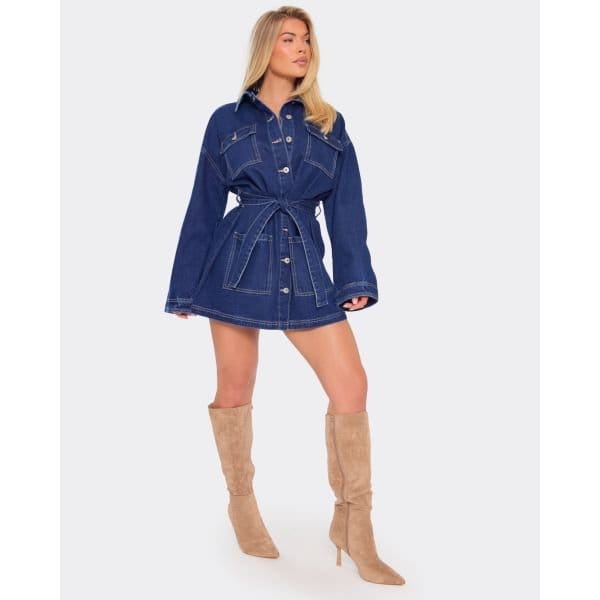 EGO Long Sleeve Tie Waist Detail Jacket Dress In Mid Blue Denim, Women's Size UK 6 - 2