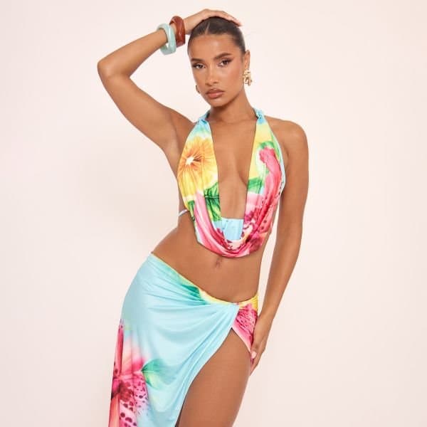 EGO Cowl Halterneck Open Tie Back Detail Crop Top In Multi Abstract Print, Women's Size UK 6