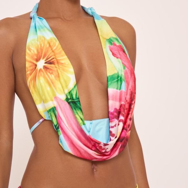 EGO Cowl Halterneck Open Tie Back Detail Crop Top In Multi Abstract Print, Women's Size UK 6 - 2