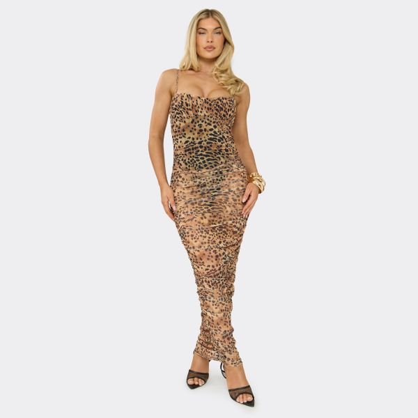 EGO Bodysuit Lining Ruched Maxi Dress In Cheetah Print Mesh, Women's Size UK 4 - 2