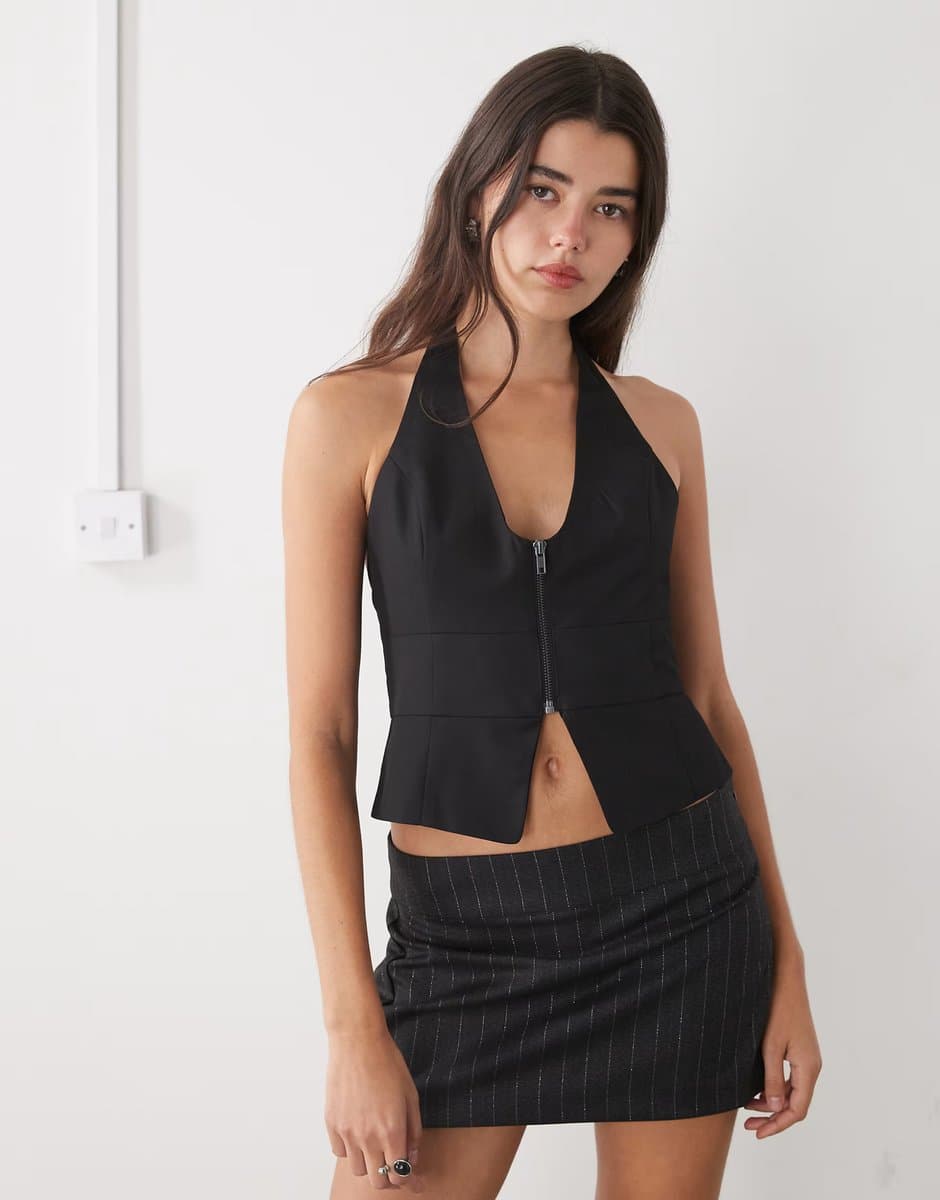 ASOS Monki halter neck open back zip front waistcoat in black