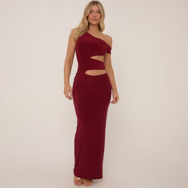 EGO Asymmetric One Shoulder Cut Out Maxi Dress In Burgundy Slinky, Women's Size UK 8
