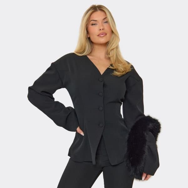 EGO Long Sleeve Collarless Cinched Blazer In Black, Women's Size UK 6