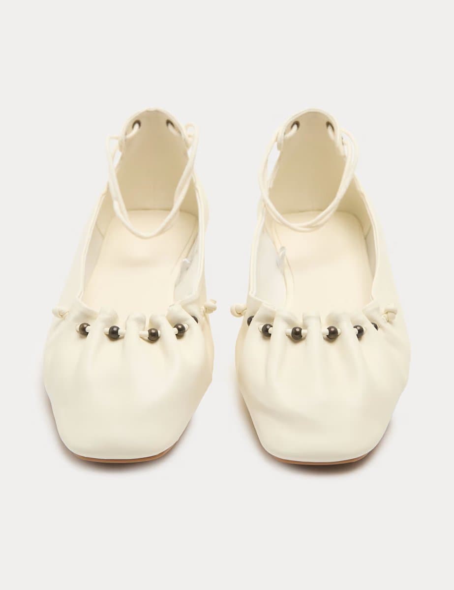Marks & Spencer M&S Ankle Tie Up Bead Detail Flat Ballet Pumps Soft White