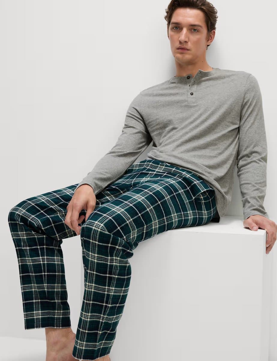 Marks & Spencer M&S Pure Cotton Henley Check Pyjama Set Grey Mix