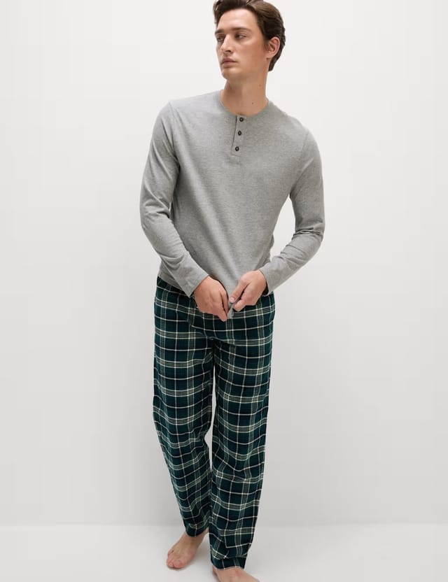 Marks & Spencer M&S Pure Cotton Henley Check Pyjama Set Grey Mix - 2