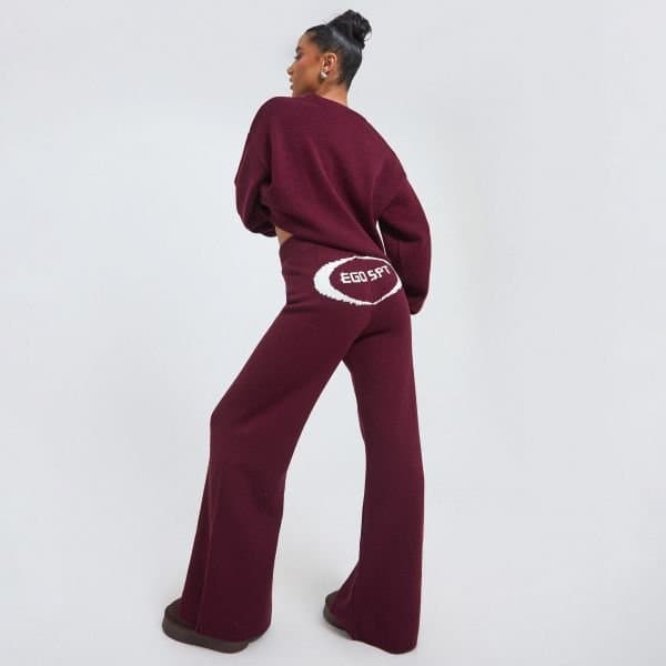 EGO High Waist Wide Leg Trouser In Burgundy Knit, Women's Size UK 8