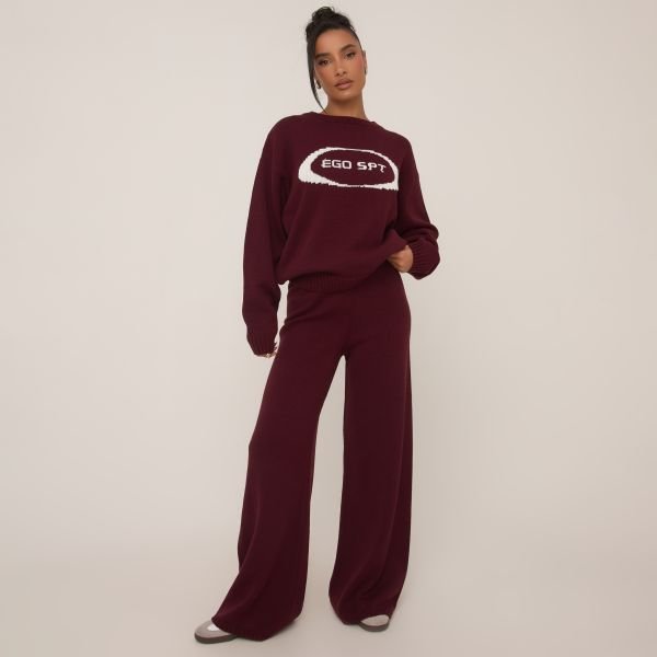 EGO High Waist Wide Leg Trouser In Burgundy Knit, Women's Size UK 8 - 2