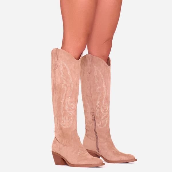 EGO Cardinia Embroidered Detail Pointed Toe Knee High Long Western Boot In Beige Faux Suede, Women's Size UK 3
