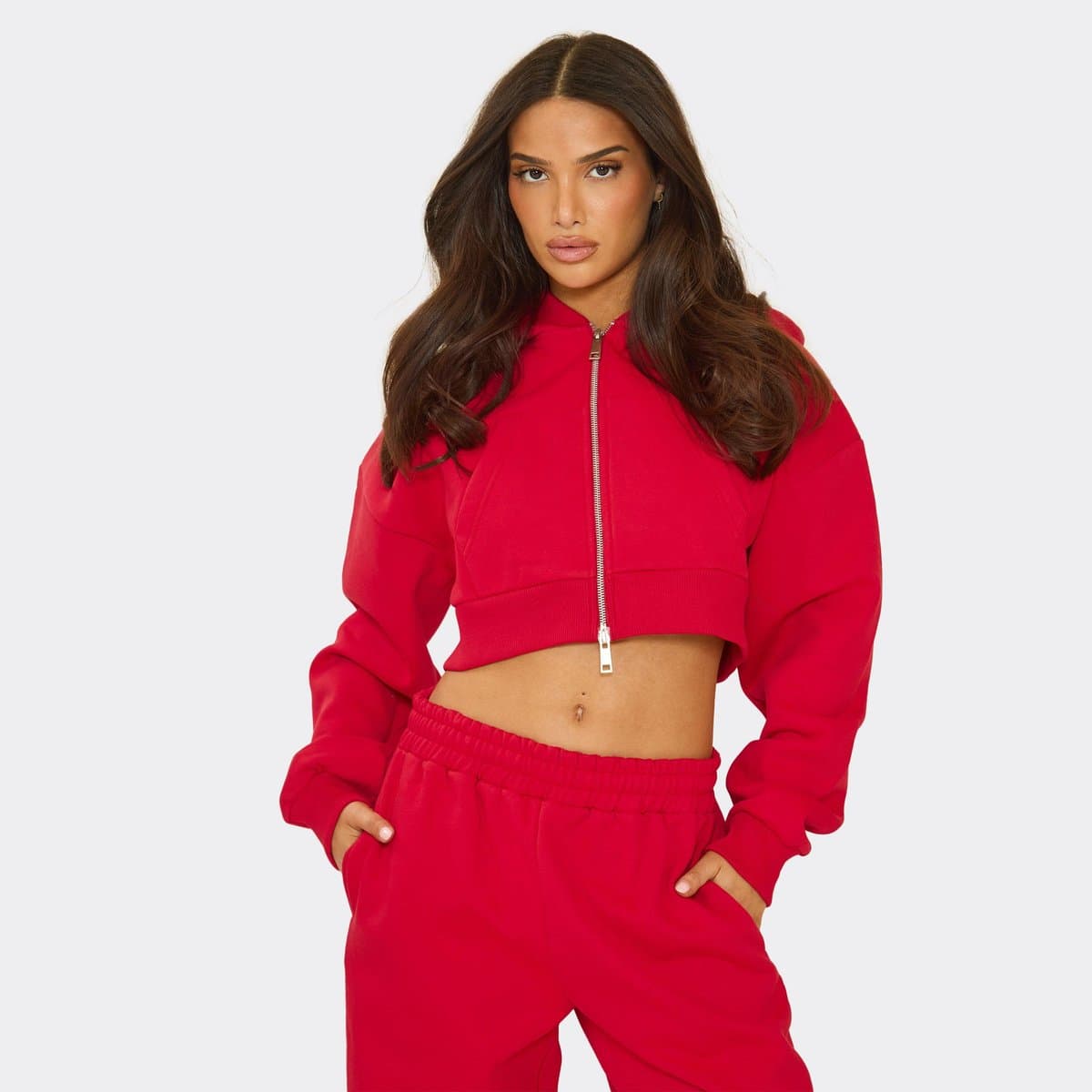EGO Long Sleeve Zip Up Cropped Jacket In Red, Women's Size UK 6