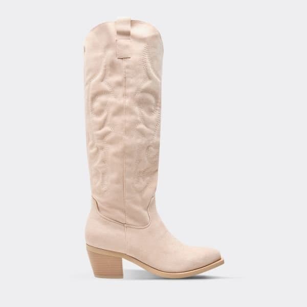 EGO Carter Embroidered Detail Knee High Western Cowboy Boot In Beige Faux Suede, Women's Size UK 3