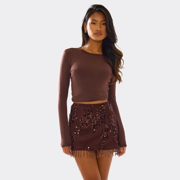 EGO Mid Rise Wrap Over Tassel Hem Detail Mini Skirt In Chocolate Brown Sequin, Women's Size UK 6 - 1