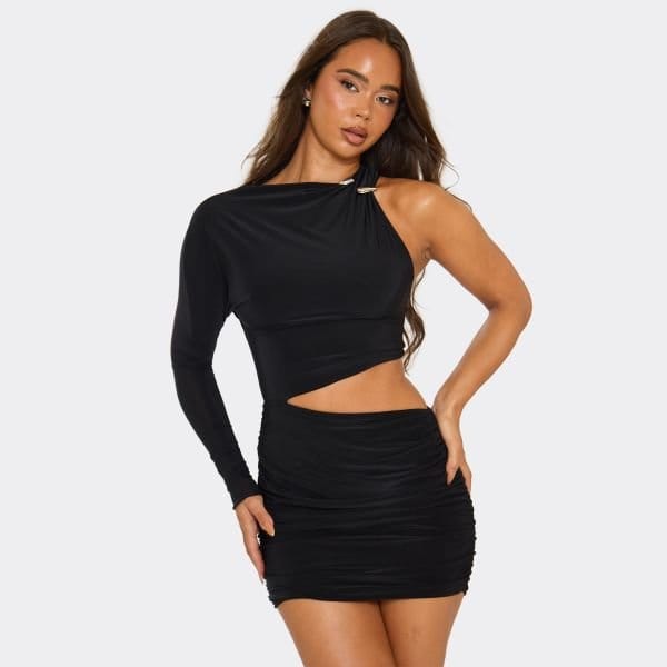 EGO One Sleeve Cut Out Detail Mini Dress In Black, Women's Size UK 6 - 1