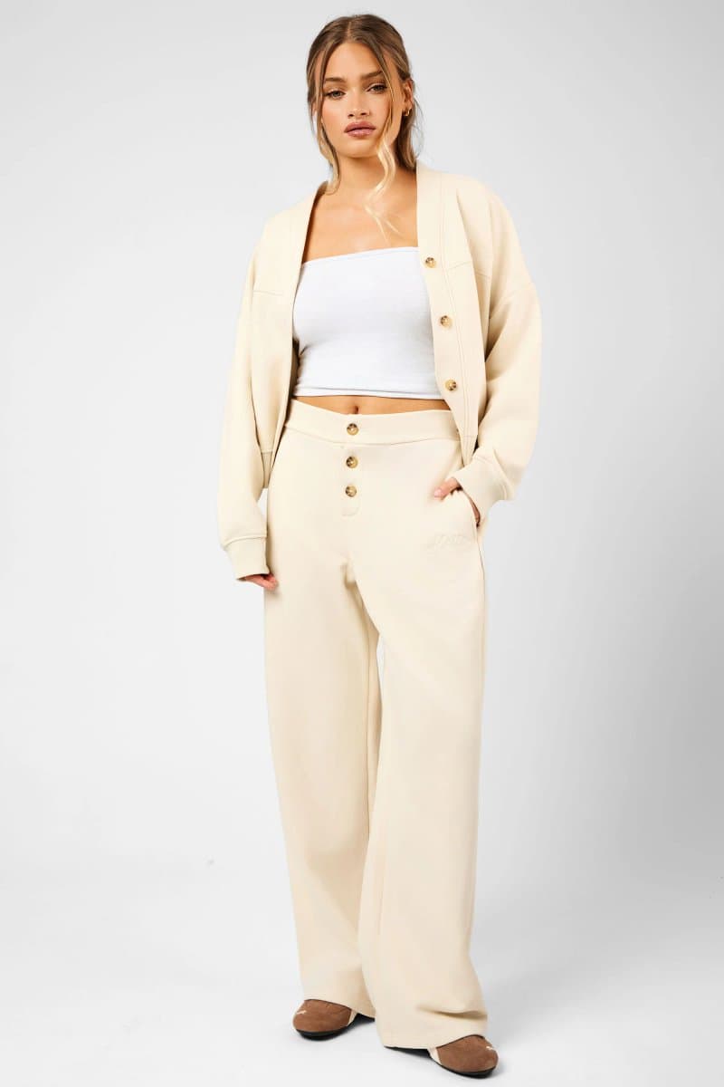 Kaiia Kaiia Script Logo Button Down Detail Wide Leg Joggers Crème