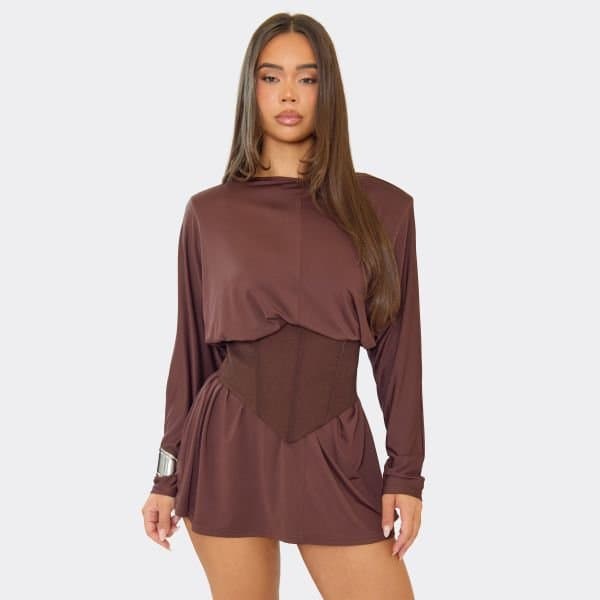 EGO Long Sleeve Corset Detail Skater Dress In Chocolate Brown, Women's Size UK 6
