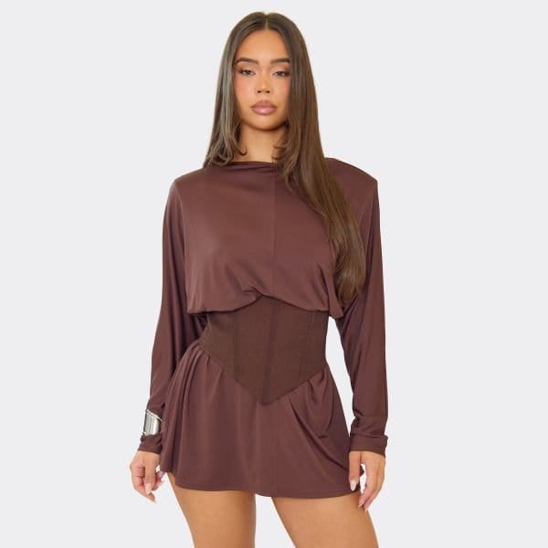 EGO Long Sleeve Corset Detail Skater Dress In Chocolate Brown, Women's Size UK 6 - 1