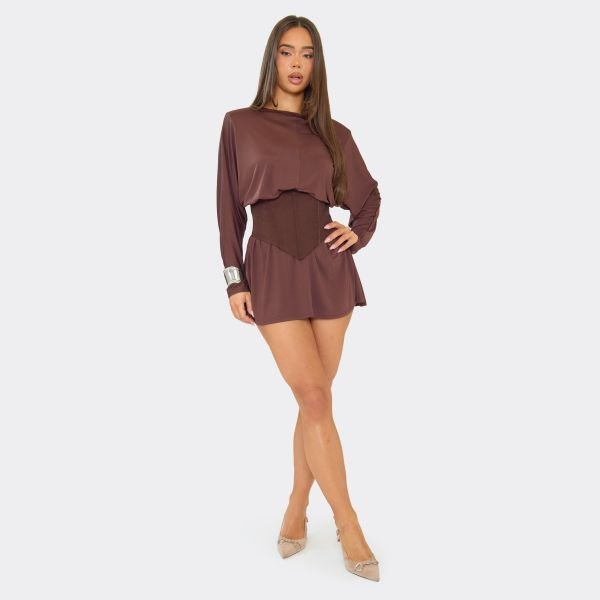 EGO Long Sleeve Corset Detail Skater Dress In Chocolate Brown, Women's Size UK 6 - 2