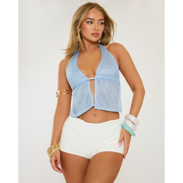 EGO Plunge Open Tie Back Crop Top In Blue Glitter, Women's Size UK 10 - 2