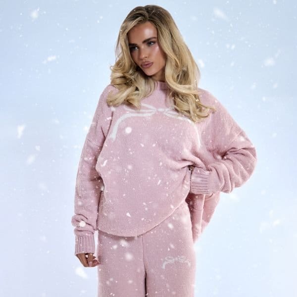 EGO Long Sleeve Bow Graphic Detail Oversized Jumper In Pink Fluffy Knit, Women's Size UK Medium M - 1