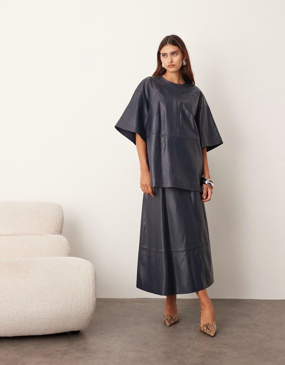 ASOS ARRANGE co-ord leather boxy t-shirt in navy - 3