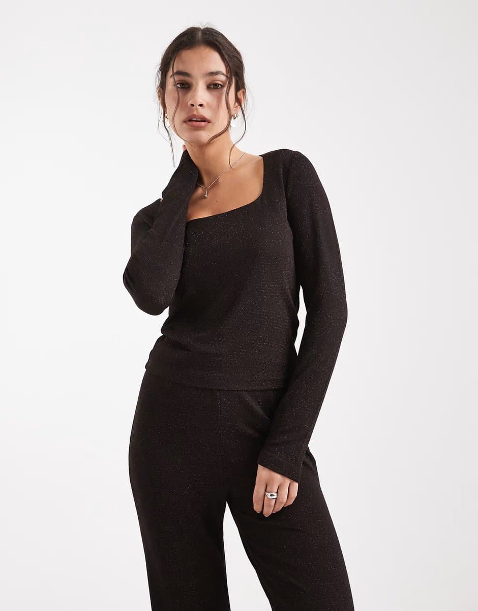 ASOS Vero Moda glitter long sleeve square neck top co-ord in chocolate and copper