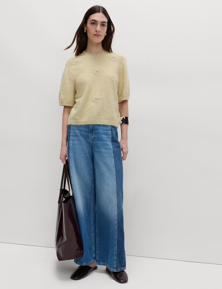 Marks & Spencer M&S Floral Textured Knitted Top with Wool Soft Green - 2