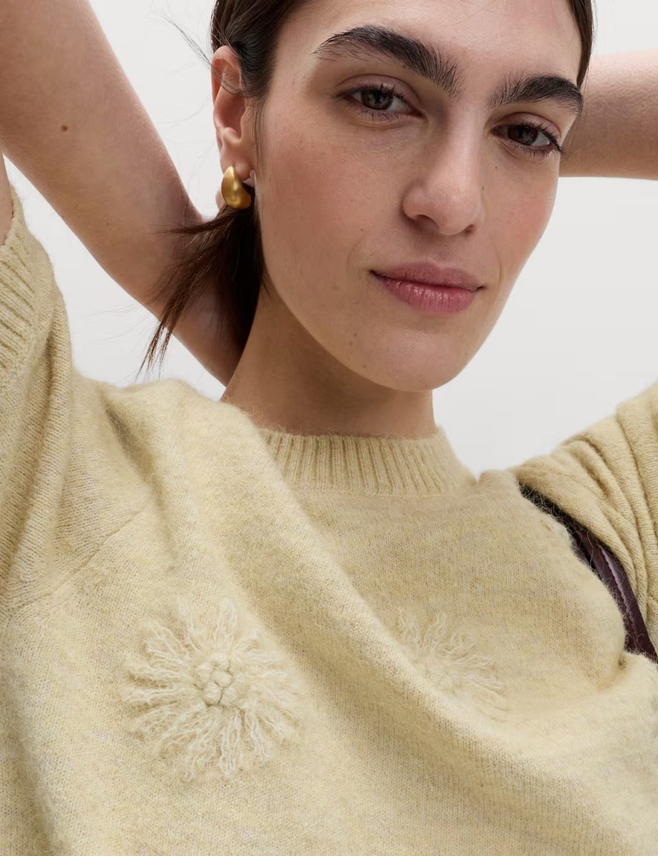 Marks & Spencer M&S Floral Textured Knitted Top with Wool Soft Green - 4