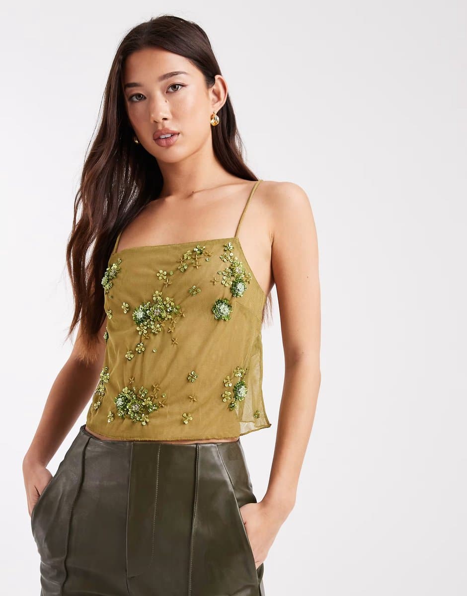 ASOS ASOS Sequin Mesh Cami Top in Olive