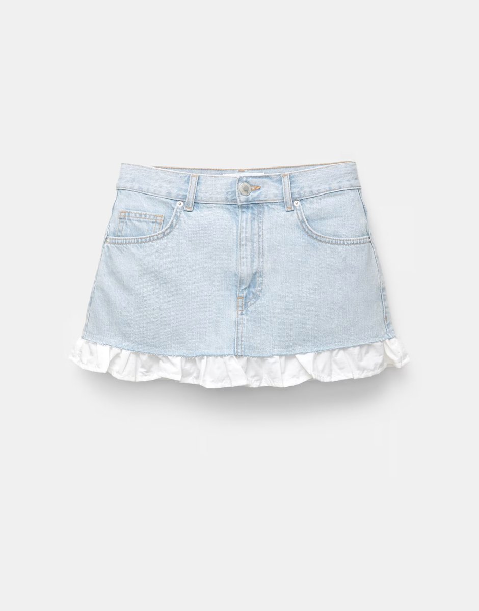 ASOS Pull&Bear ruffled denim mini skirt in medium blue - 4