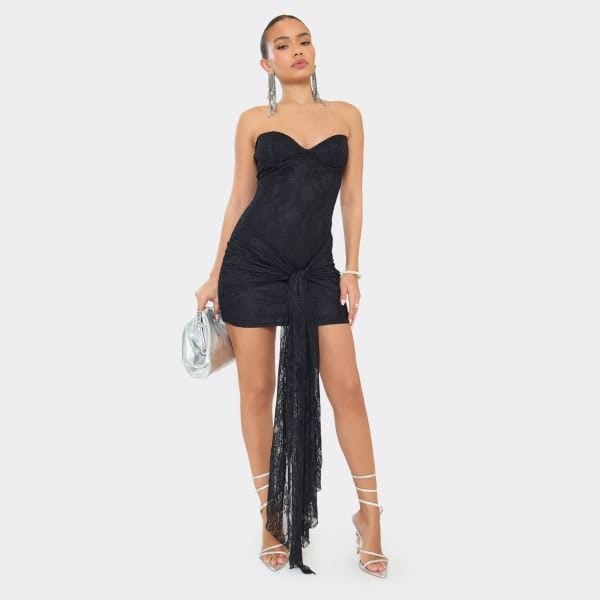 EGO Bandeau Underwire Drape Detail Mini Dress In Black Lace, Women's Size UK 6 - 2